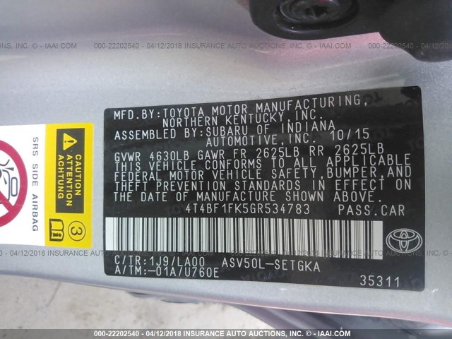 4T4BF1FK5GR534783 - 2016 TOYOTA CAMRY LE/XLE/SE/XSE SILVER photo 9