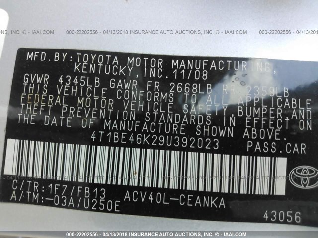 4T1BE46K29U392023 - 2009 TOYOTA CAMRY SE/LE/XLE SILVER photo 9
