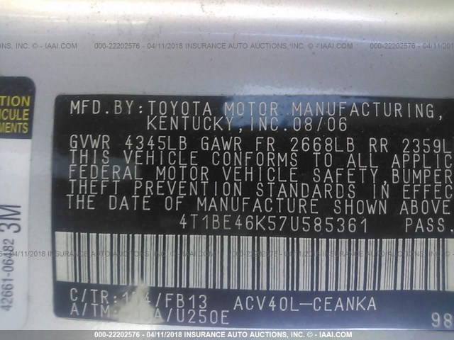 4T1BE46K57U585361 - 2007 TOYOTA CAMRY NEW GENERAT CE/LE/XLE/SE SILVER photo 9