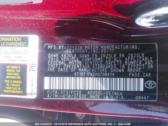 4T1BF1FK6HU798414 - 2017 TOYOTA CAMRY LE/XLE/SE/XSE Bordeaux Foto 9