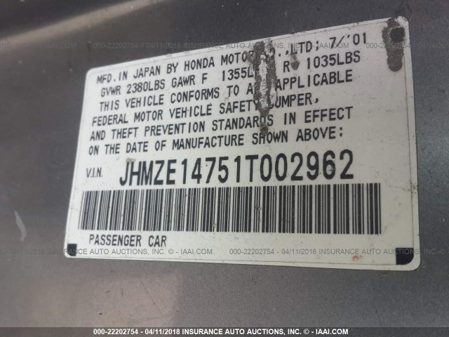 JHMZE14751T002962 - 2001 HONDA INSIGHT SILVER photo 9