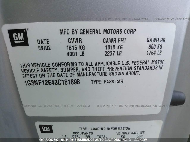 1G3NF12E43C181898 - 2003 OLDSMOBILE ALERO GLS 银色 照片 9