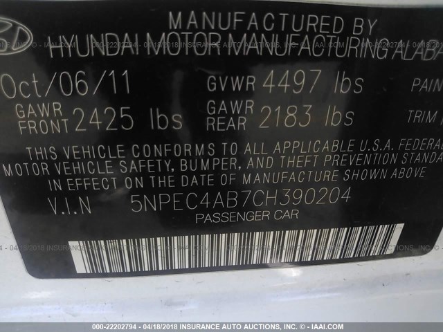 5NPEC4AB7CH390204 - 2012 HYUNDAI SONATA SE/LIMITED WHITE photo 9