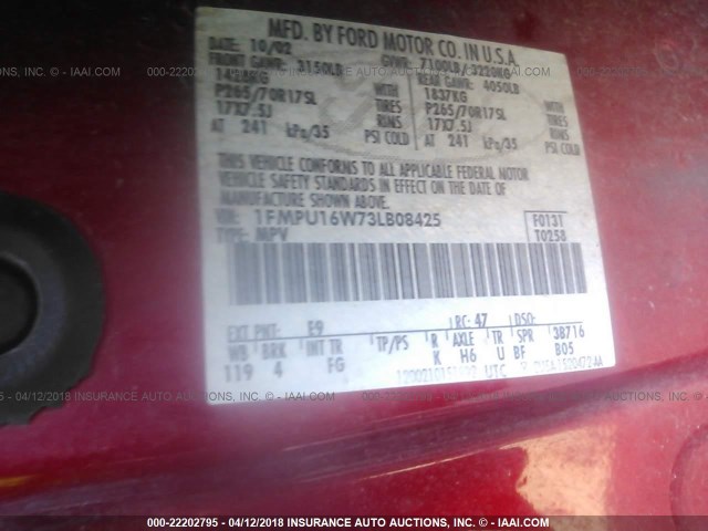 1FMPU16W73LB08425 - 2003 FORD EXPEDITION XLT RED photo 9