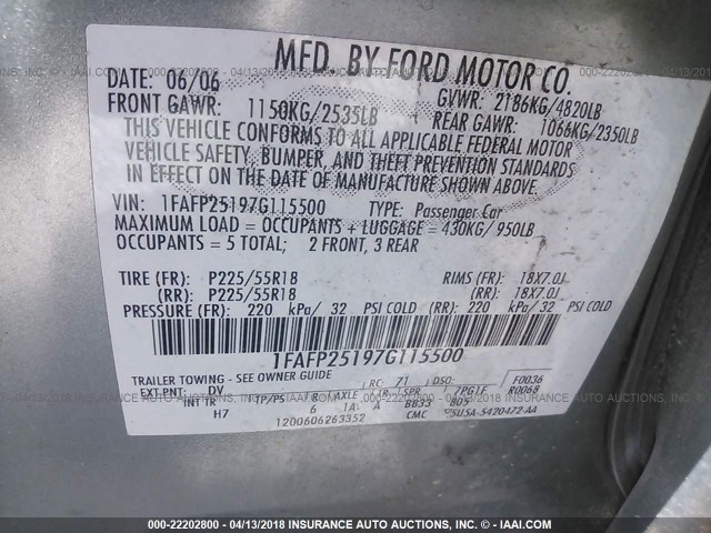 1FAFP25197G115500 - 2007 FORD FIVE HUNDRED LIMITED GRAY photo 9