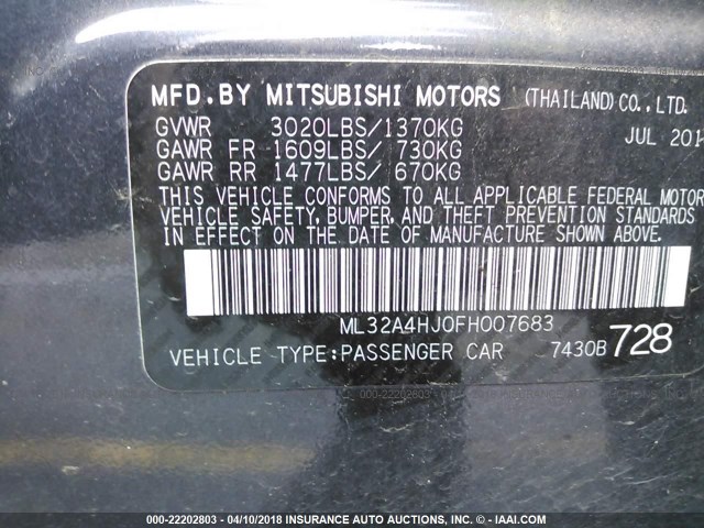 ML32A4HJ0FH007683 - 2015 MITSUBISHI MIRAGE ES GRAY photo 9