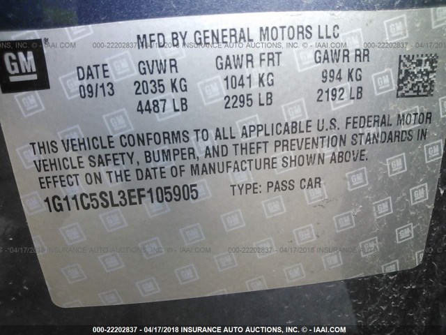 1G11C5SL3EF105905 - 2014 CHEVROLET MALIBU 1LT 蓝色 照片 9