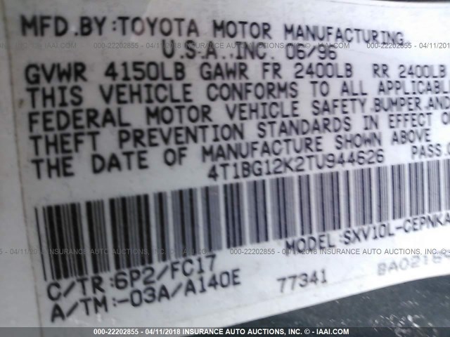 4T1BG12K2TU944626 - 1996 TOYOTA CAMRY DX/LE/XLE GREEN photo 9