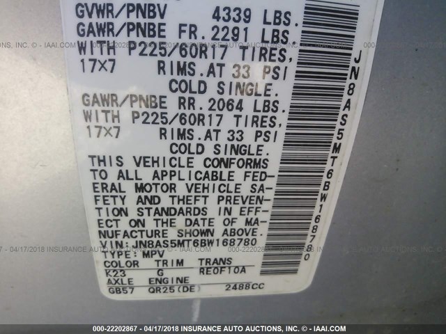 JN8AS5MT6BW168780 - 2011 NISSAN ROGUE S/SV/KROM SILVER photo 9