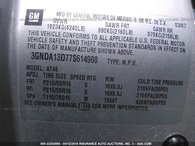 3GNDA13D77S614900 - 2007 CHEVROLET HHR LS SILVER photo 9