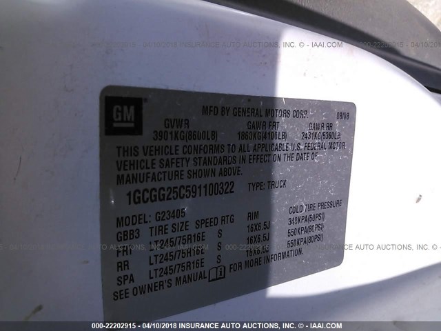 1GCGG25C591100322 - 2009 CHEVROLET EXPRESS G2500  WHITE photo 9