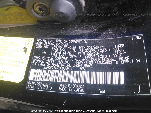 JTEDW21A760008913 - 2006 TOYOTA HIGHLANDER HYBRID BLACK photo 9