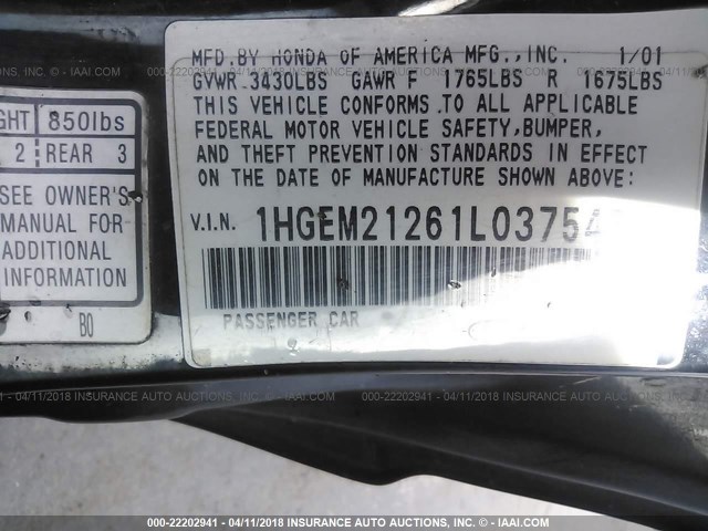 1HGEM21261L037545 - 2001 HONDA CIVIC DX BLACK photo 9