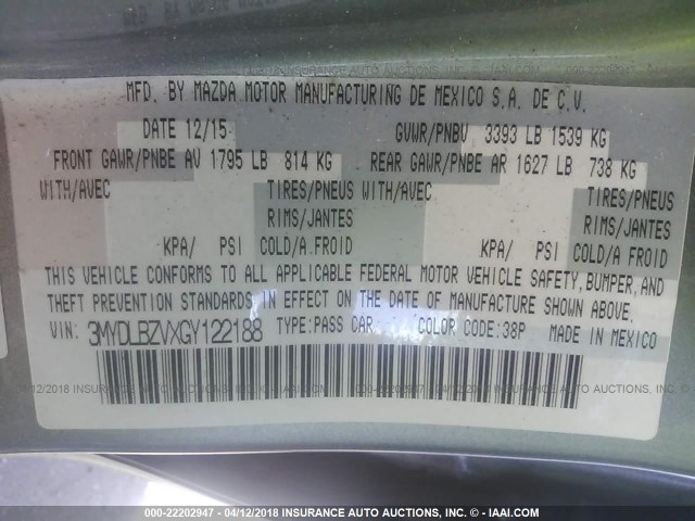 3MYDLBZVXGY122188 - 2016 TOYOTA SCION IA GRAY photo 9