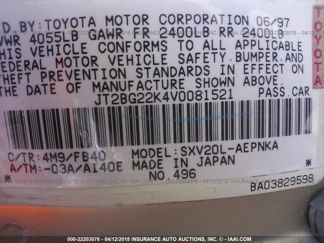 JT2BG22K4V0081521 - 1997 TOYOTA CAMRY LE/XLE TAN photo 9