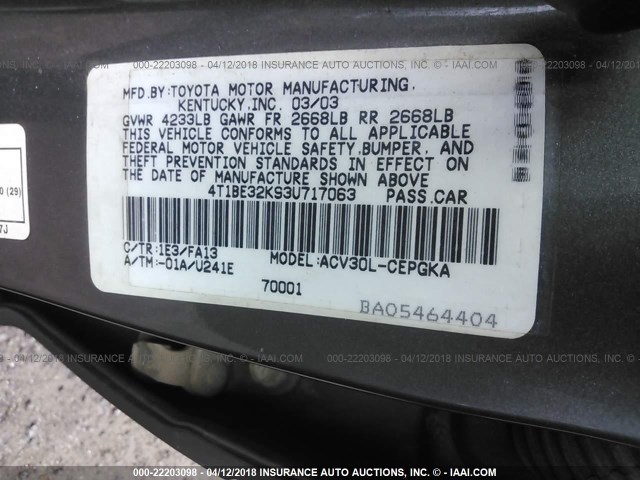 4T1BE32K93U717063 - 2003 TOYOTA CAMRY LE/XLE/SE 棕色 照片 9