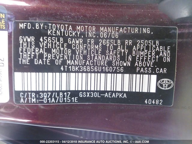 4T1BK36B56U160756 - 2006 TOYOTA AVALON XL/XLS/TOURING/LIMITED MAROON photo 9