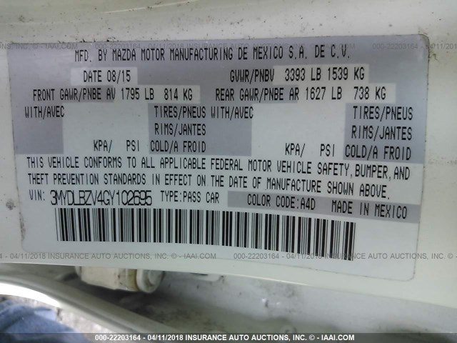 3MYDLBZV4GY102695 - 2016 TOYOTA SCION IA WHITE photo 9