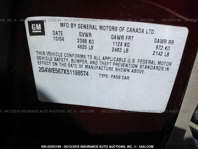 2G4WE567X51198574 - 2005 BUICK LACROSSE CXS BURGUNDY photo 9