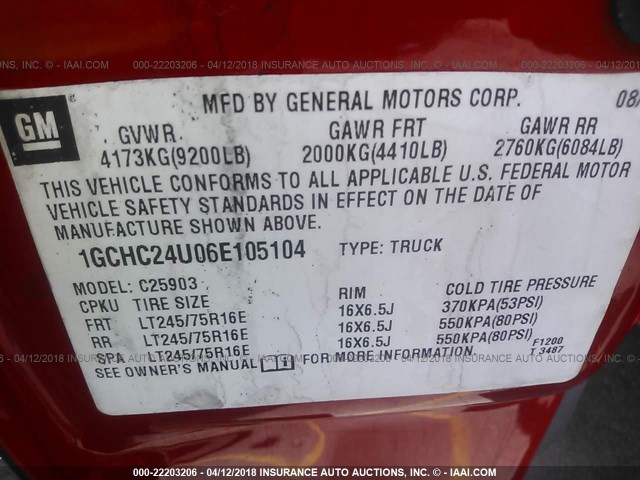 1GCHC24U06E105104 - 2006 CHEVROLET SILVERADO C2500 HEAVY DUTY RED photo 9