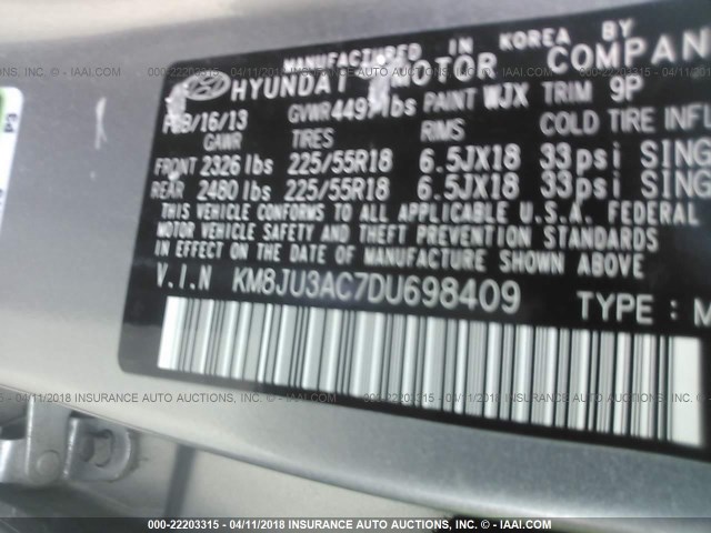 KM8JU3AC7DU698409 - 2013 HYUNDAI TUCSON GLS/LIMITED GRAY photo 9