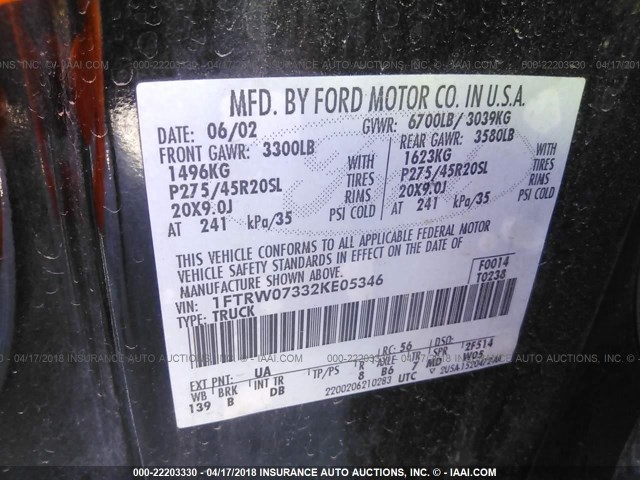 1FTRW07332KE05346 - 2002 FORD F150 SUPERCREW HARLEY DAVIDSON BLACK photo 9