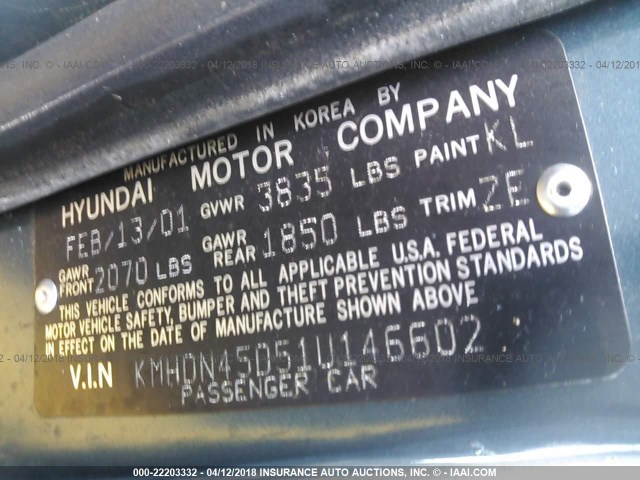 KMHDN45D51U146602 - 2001 HYUNDAI ELANTRA GLS/GT GREEN photo 9