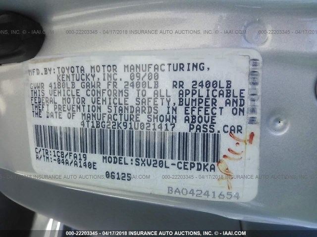 4T1BG22K91U021417 - 2001 TOYOTA CAMRY CE/LE/XLE ვერცხლისფერი ფოტო 9