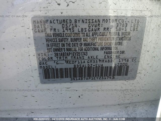 3N1AB7AP1EY251743 - 2014 NISSAN SENTRA S/SV/SR/SL WHITE photo 9