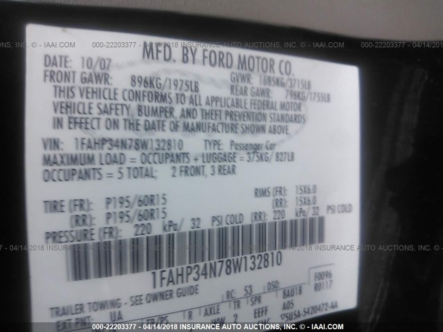 1FAHP34N78W132810 - 2008 FORD FOCUS S/SE BLACK photo 9