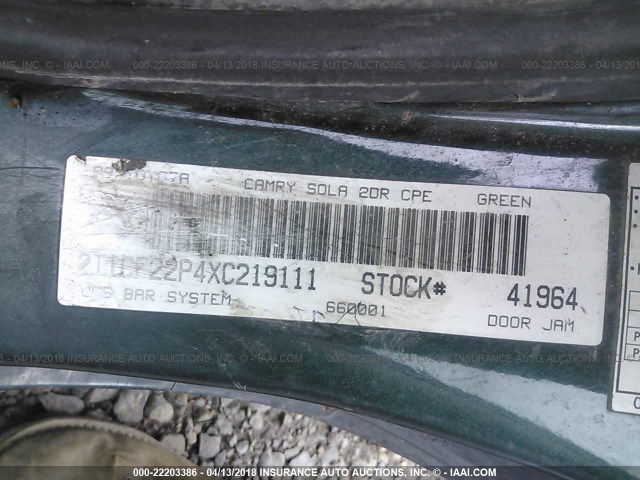 2T1CF22P4XC219111 - 1999 TOYOTA CAMRY SOLARA SE/SLE მწვანე ფოტო 9