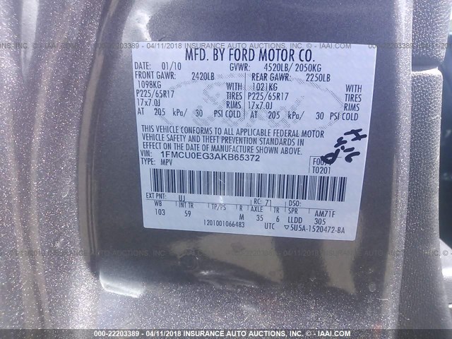 1FMCU0EG3AKB65372 - 2010 FORD ESCAPE LIMITED GRAY photo 9