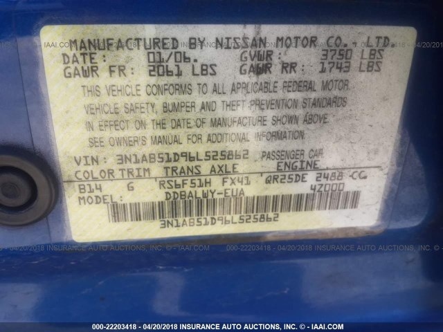 3N1AB51D96L525862 - 2006 NISSAN SENTRA SE-R SPEC V BLUE photo 9