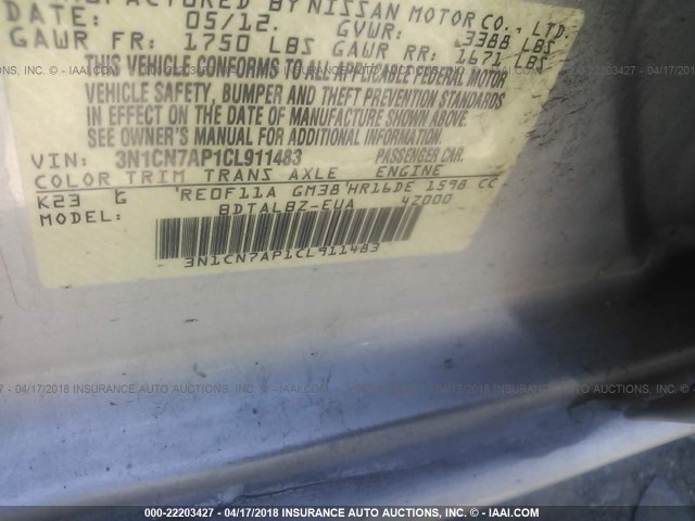 3N1CN7AP1CL911483 - 2012 NISSAN VERSA S/SV/SL SILVER photo 9