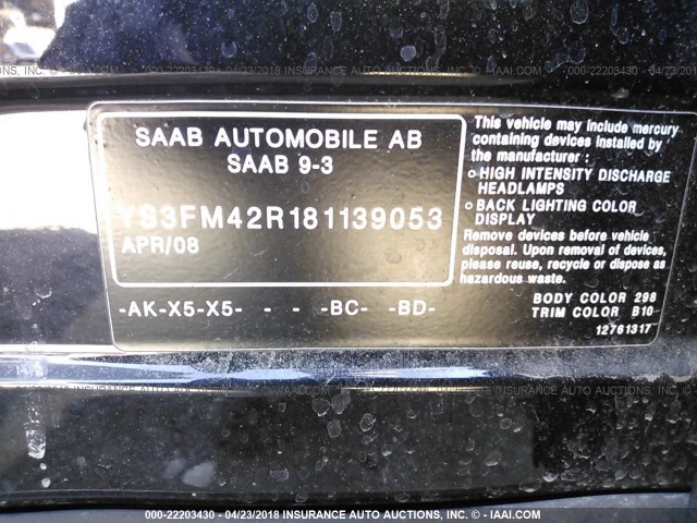 YS3FM42R181139053 - 2008 SAAB 9-3 TURBOX BLACK photo 9