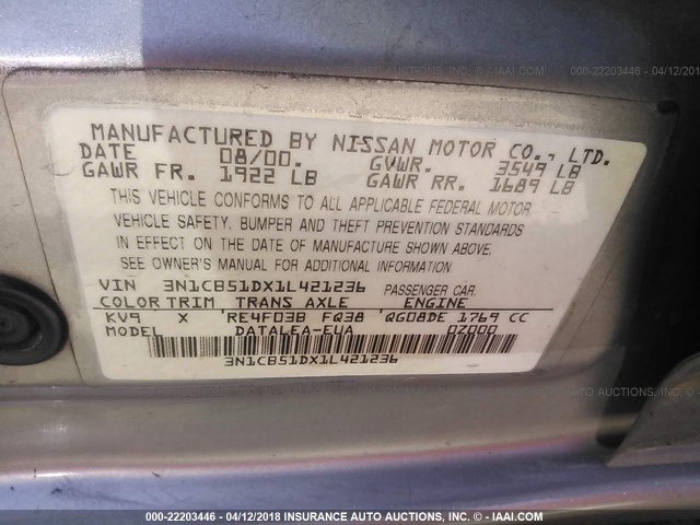 3N1CB51DX1L421236 - 2001 NISSAN SENTRA XE/GXE GRAY photo 9