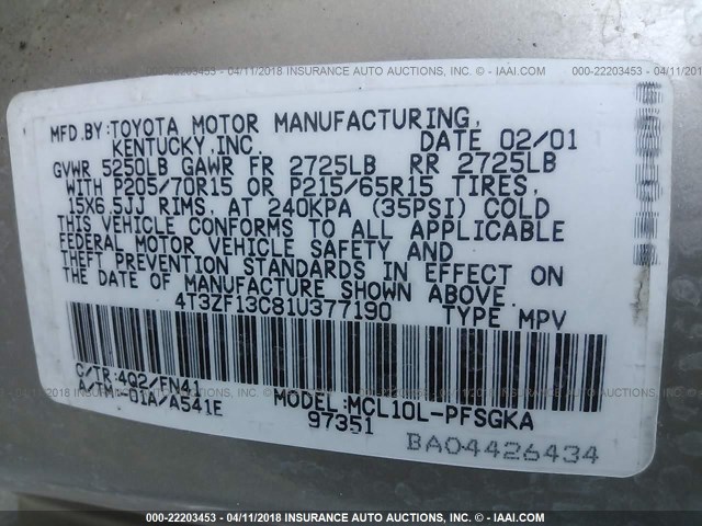 4T3ZF13C81U377190 - 2001 TOYOTA SIENNA LE/XLE Champagne photo 9