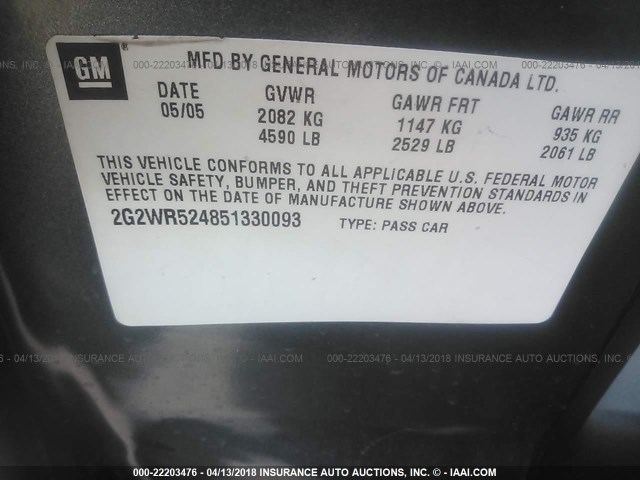 2G2WR524851330093 - 2005 PONTIAC GRAND PRIX GTP Boz foto 9