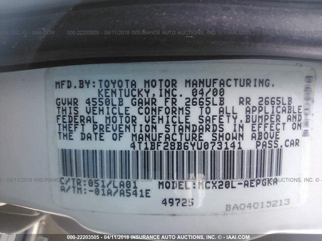 4T1BF28B6YU073141 - 2000 TOYOTA AVALON XL/XLS WHITE photo 9