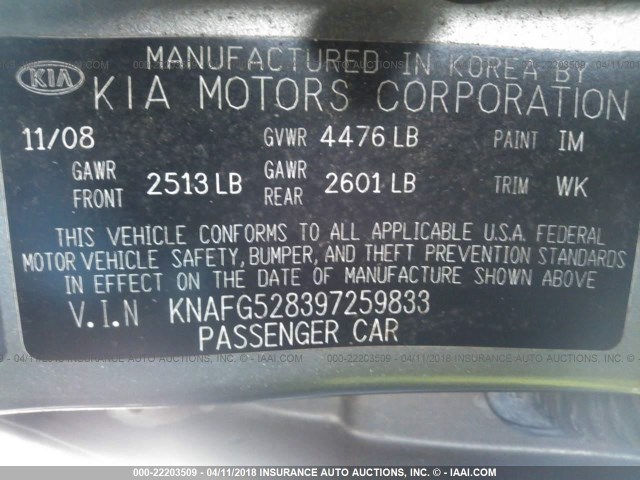 KNAFG528397259833 - 2009 KIA RONDO LX/EX SILVER photo 9