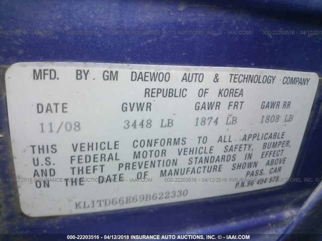 KL1TD66E69B622330 - 2009 CHEVROLET AVEO LS/LT 浅蓝色 照片 9