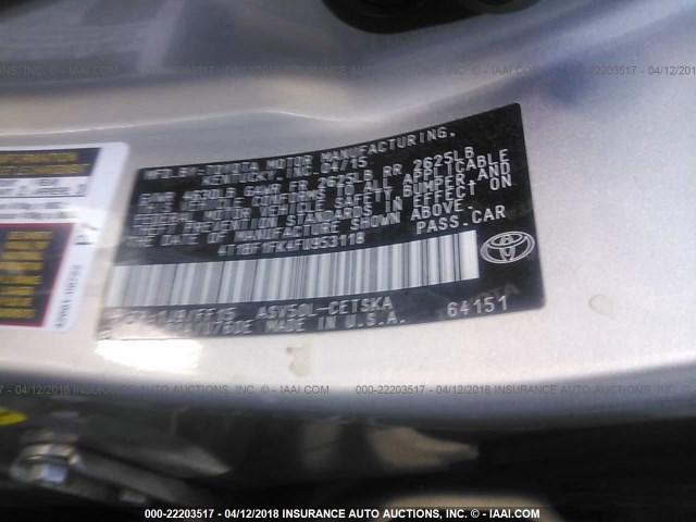 4T1BF1FK4FU953118 - 2015 TOYOTA CAMRY LE/XLE/SE/XSE GRAY photo 9