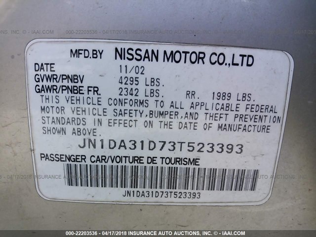 JN1DA31D73T523393 - 2003 NISSAN MAXIMA GLE/GXE/SE GOLD photo 9