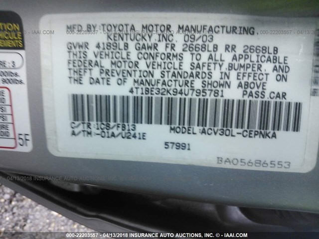 4T1BE32K94U795781 - 2004 TOYOTA CAMRY LE/XLE/SE SILVER photo 9