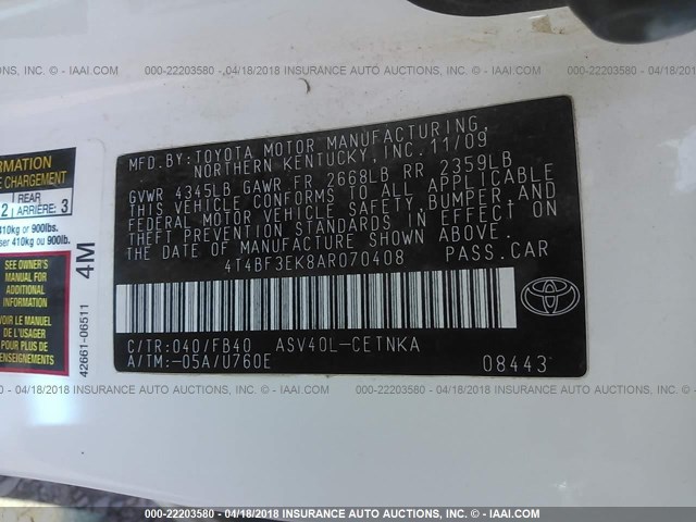 4T4BF3EK8AR070408 - 2010 TOYOTA CAMRY SE/LE/XLE Белый фото 9