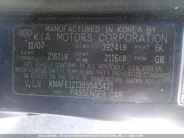 KNAFE121385545421 - 2008 KIA SPECTRA EX/LX/SX BLUE photo 9