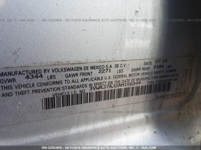3VWRJ7AJ2AM156394 - 2010 VOLKSWAGEN JETTA WOLFSBURG 银色 照片 9