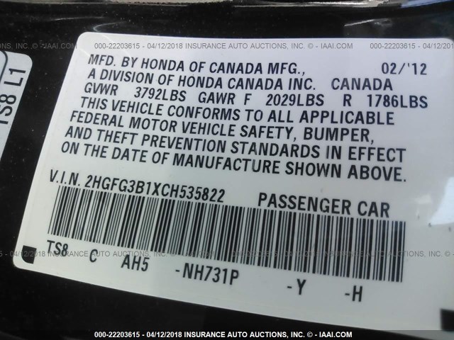 2HGFG3B1XCH535822 - 2012 HONDA CIVIC EXL BLACK photo 9