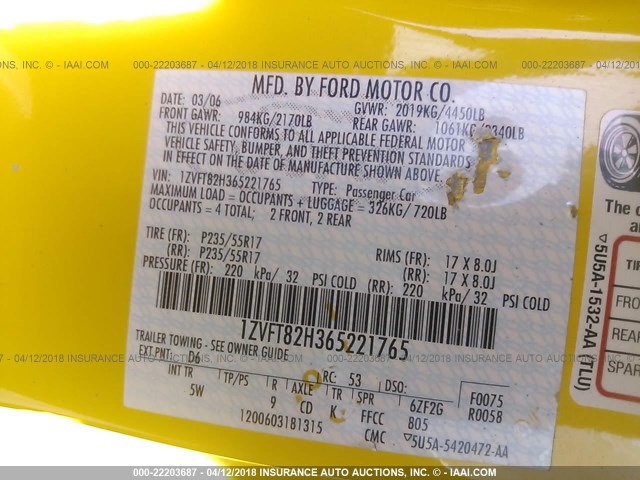 1ZVFT82H365221765 - 2006 FORD MUSTANG GT YELLOW photo 9