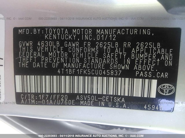 4T1BF1FK5CU045837 - 2012 TOYOTA CAMRY SE/LE/XLE SILVER photo 9